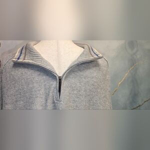 DKNY Light Gray Quarter Zip Knit Sweater With Contrast Stripe Ribbed Collar XL
